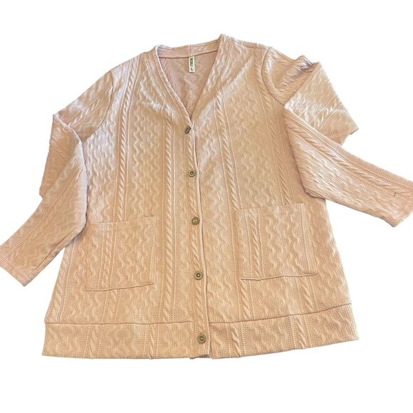 Womens Pink Cable Knit Cardigan Sweater Sz L Cottagecore Grandmacore Soft Girl - Picture 6 of 10